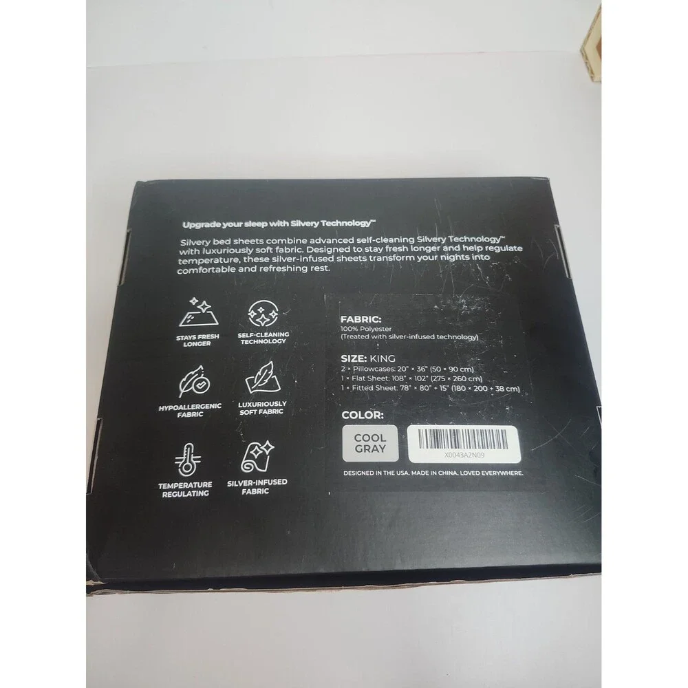 Silvery Bed Sheets 4 Pc Set Silver-Infused Soft Fabric Cool Gray King Size NIB
